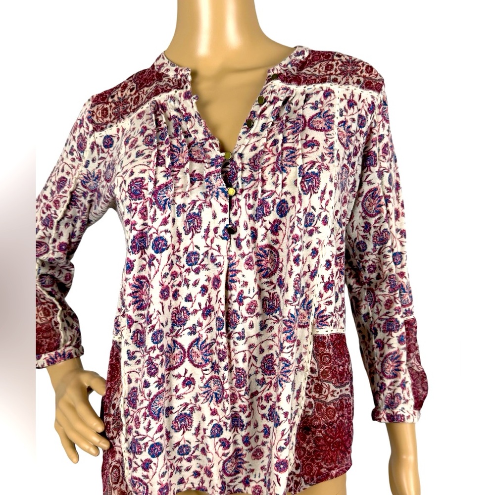 Lucky Brand Bohemian Women's Long Sleeve Floral‎ HI Lo Blouse Split Back Sz XS